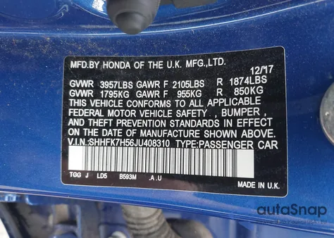 2018 Honda Civic Ex z USA, uszkodzony, nr VIN SHHFK7H56JU408310